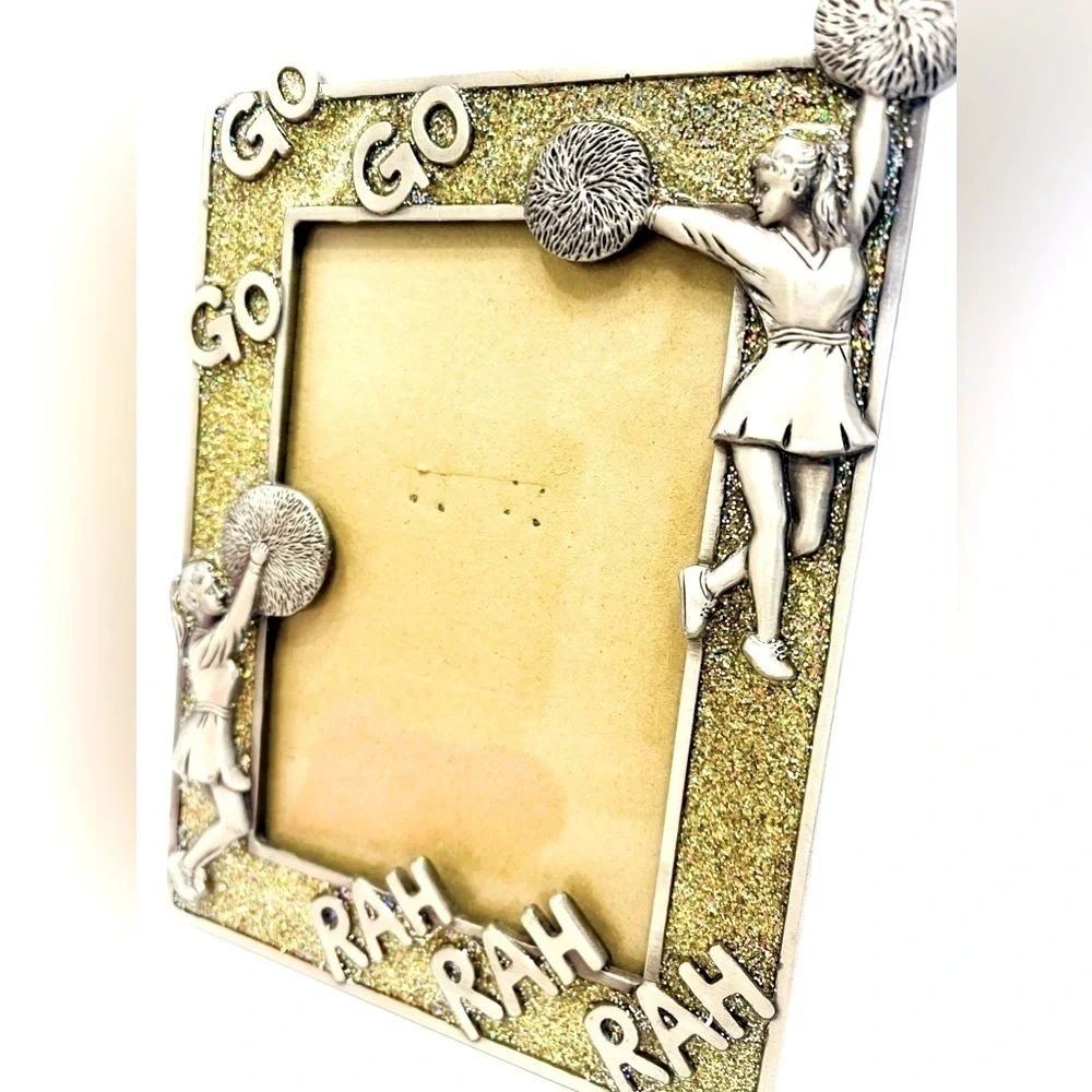 Cheerleader Picture Frame 3.25 x 4.5” Photo Pewter like Metal Gold Sparkle